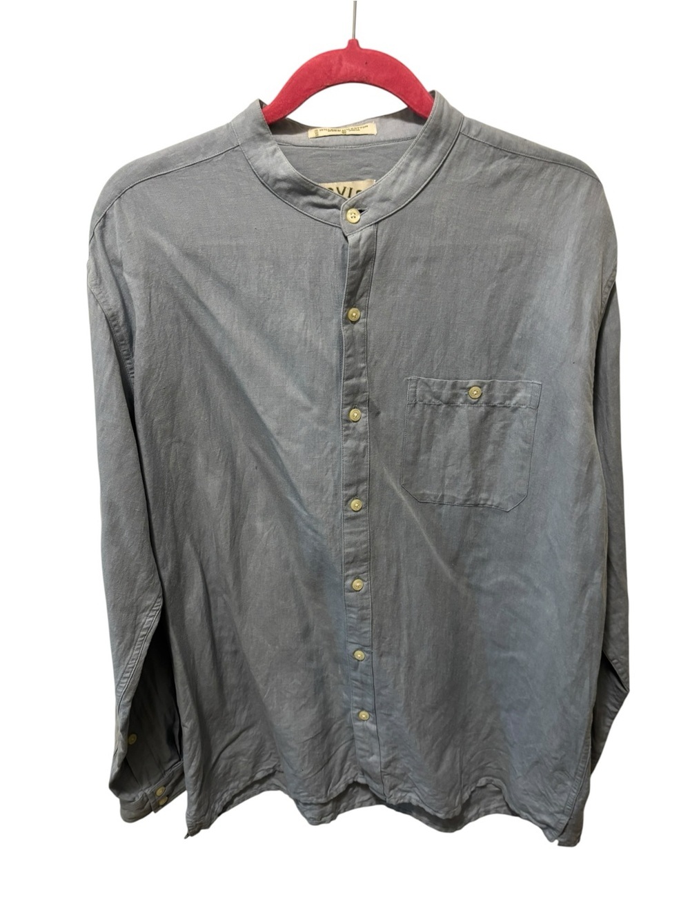 Orvis Men’s Linen Blend Band Collar Button Down Shirt Sz M LS Blue Casual
